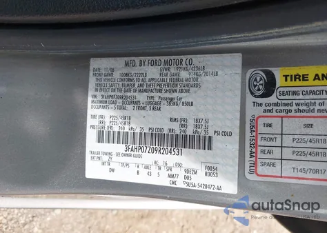 2009 Ford Fusion Se из США, поврежденный, VIN 3FAHP07Z09R204531